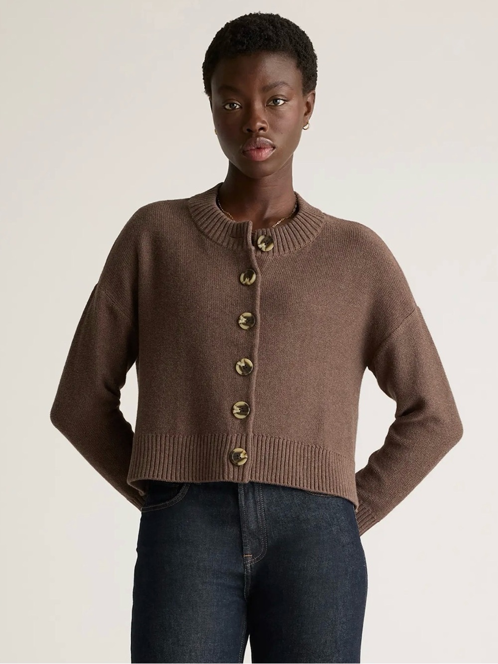 Quince 100% Organic Cotton Cropped Cardigan in Heather Brown, Size Small